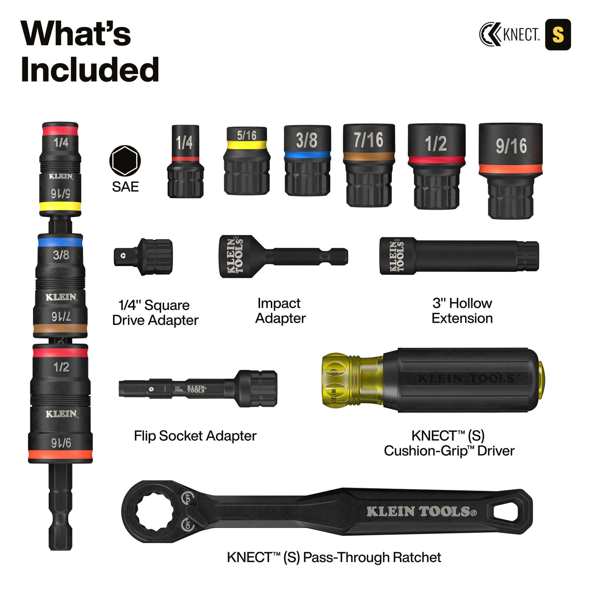 Klein Tools 65301KNECT set contents: six SAE pass-through sockets, three flip sockets, seven bits and adapters