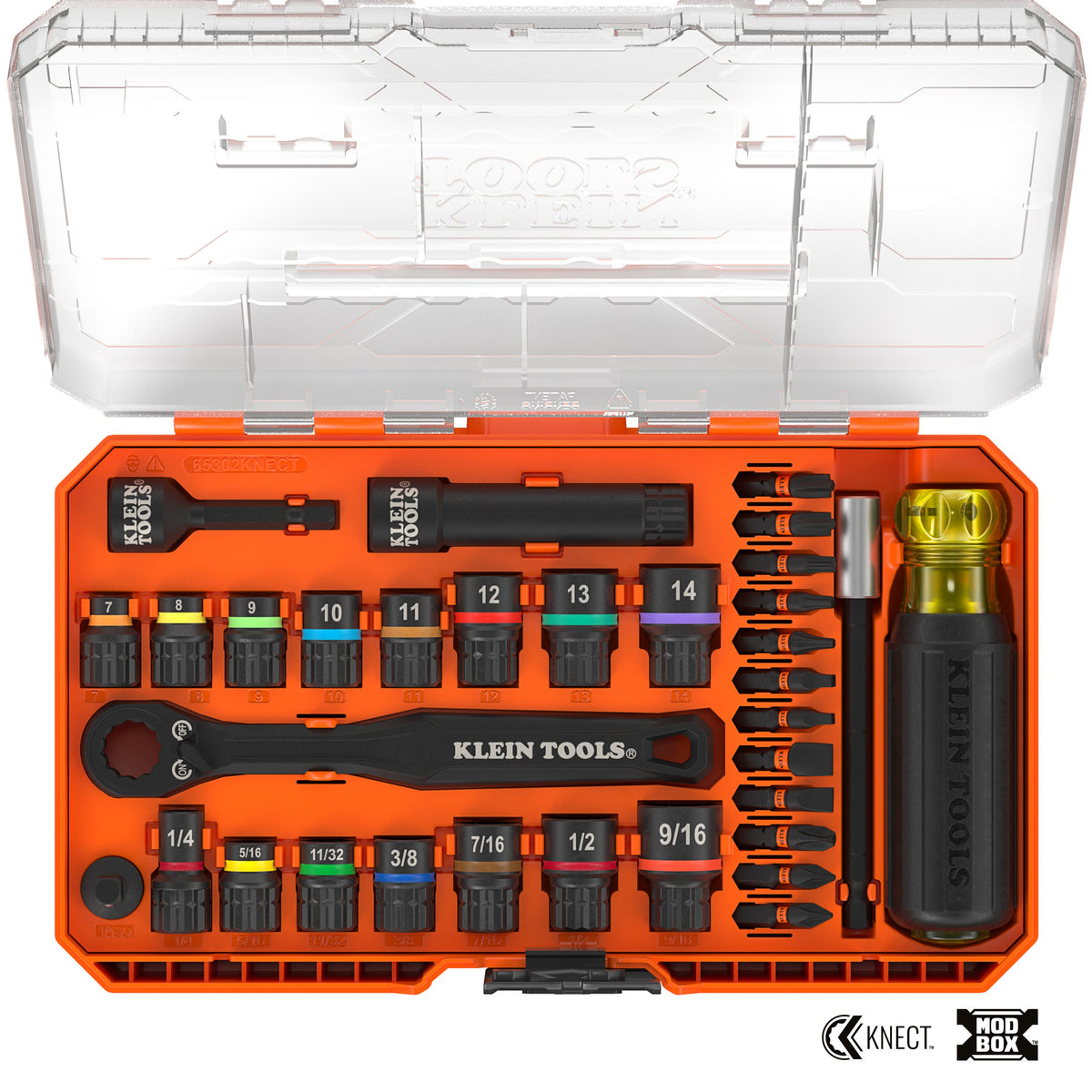 Klein Tools 65302KNECT 33-piece SAE and metric KNECT pass-through impact socket set in MODbox case