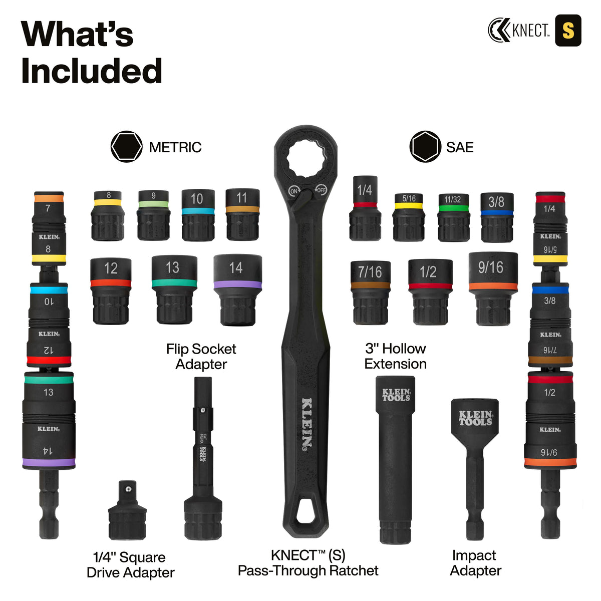 Klein Tools 65304KNECT KNECT master set SAE and metric pass-through sockets, flip sockets and bits