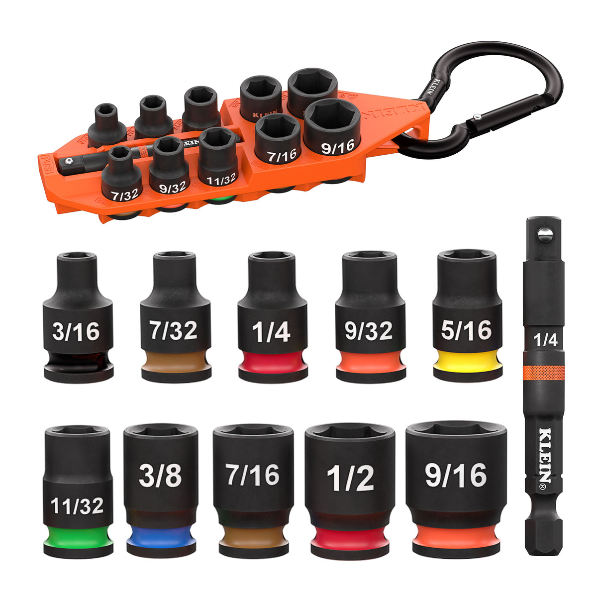 Klein Tools 65309HD Grab-And-Go 1/4-inch drive SAE impact socket set, 11 pieces, in storage sleeve with carabiner