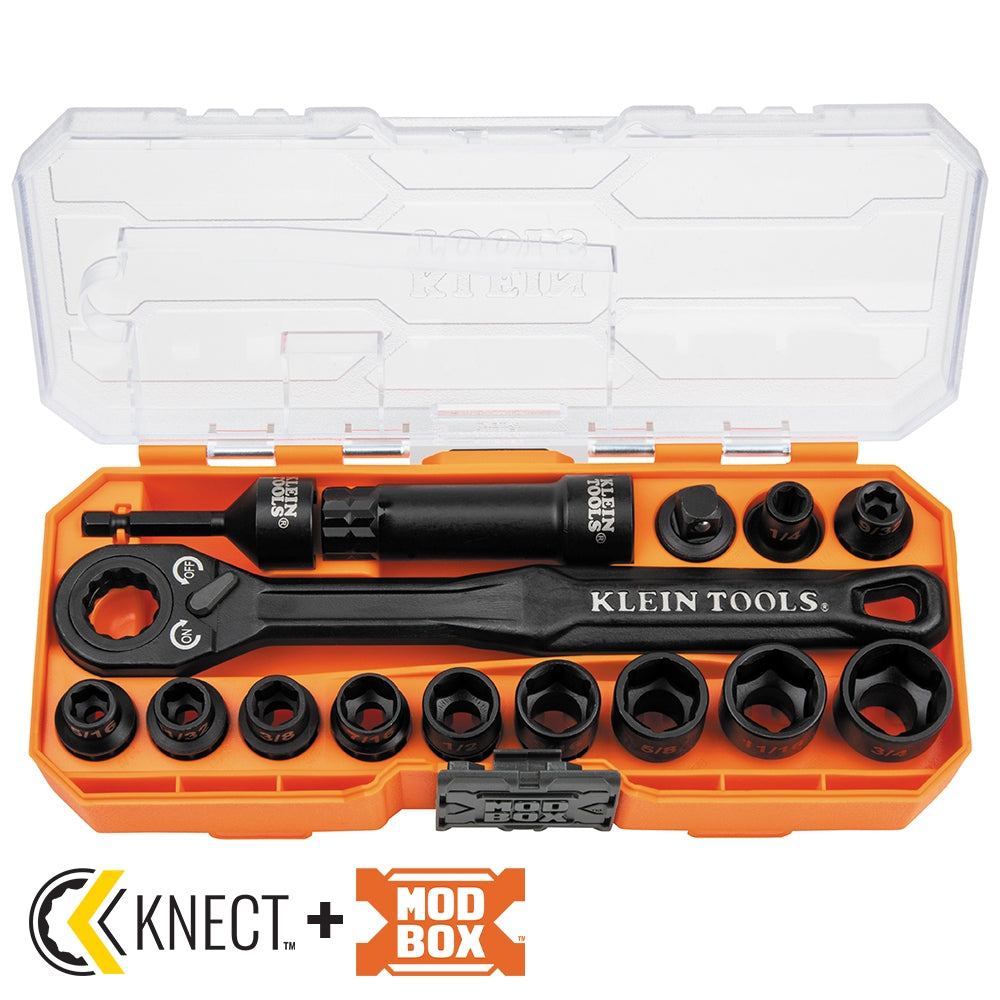 Klein Tools 65400 15-Piece KNECT 3/8 in. Drive Impact Rated Pass Through SAE Socket Set