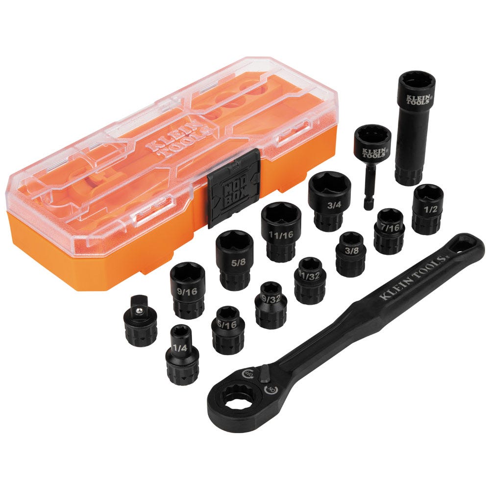 Klein Tools 65400 15-Piece KNECT 3/8 in. Drive Impact Rated Pass Through SAE Socket Set