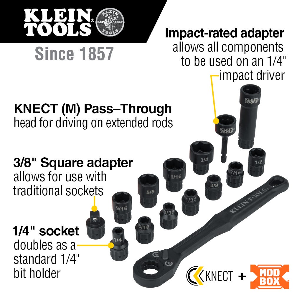 Klein Tools 65400 15-Piece KNECT 3/8 in. Drive Impact Rated Pass Through SAE Socket Set