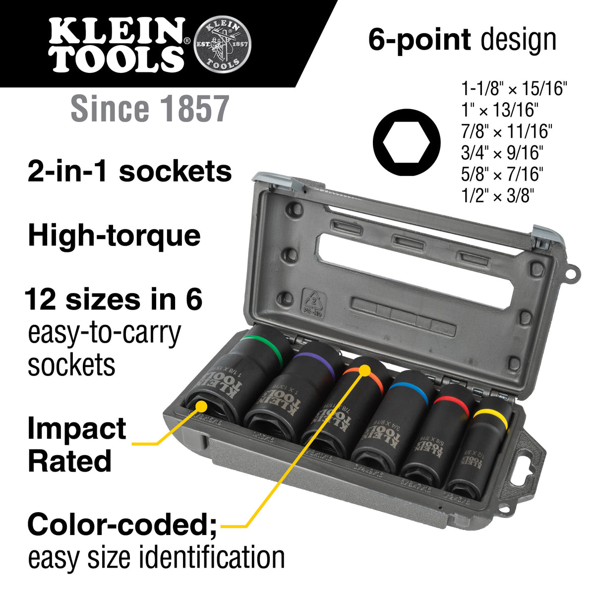 Klein 66060 2-in-1 6-point impact sockets with coaxial spring-loaded sizes