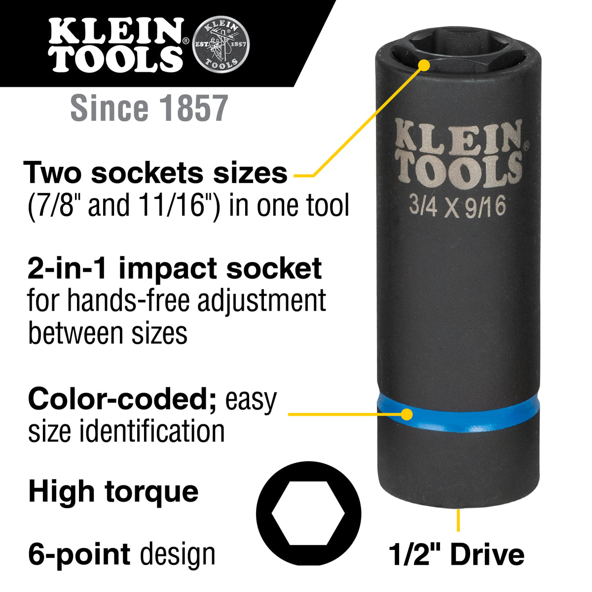 Klein 66064 impact socket with two coaxial spring-loaded hex sizes