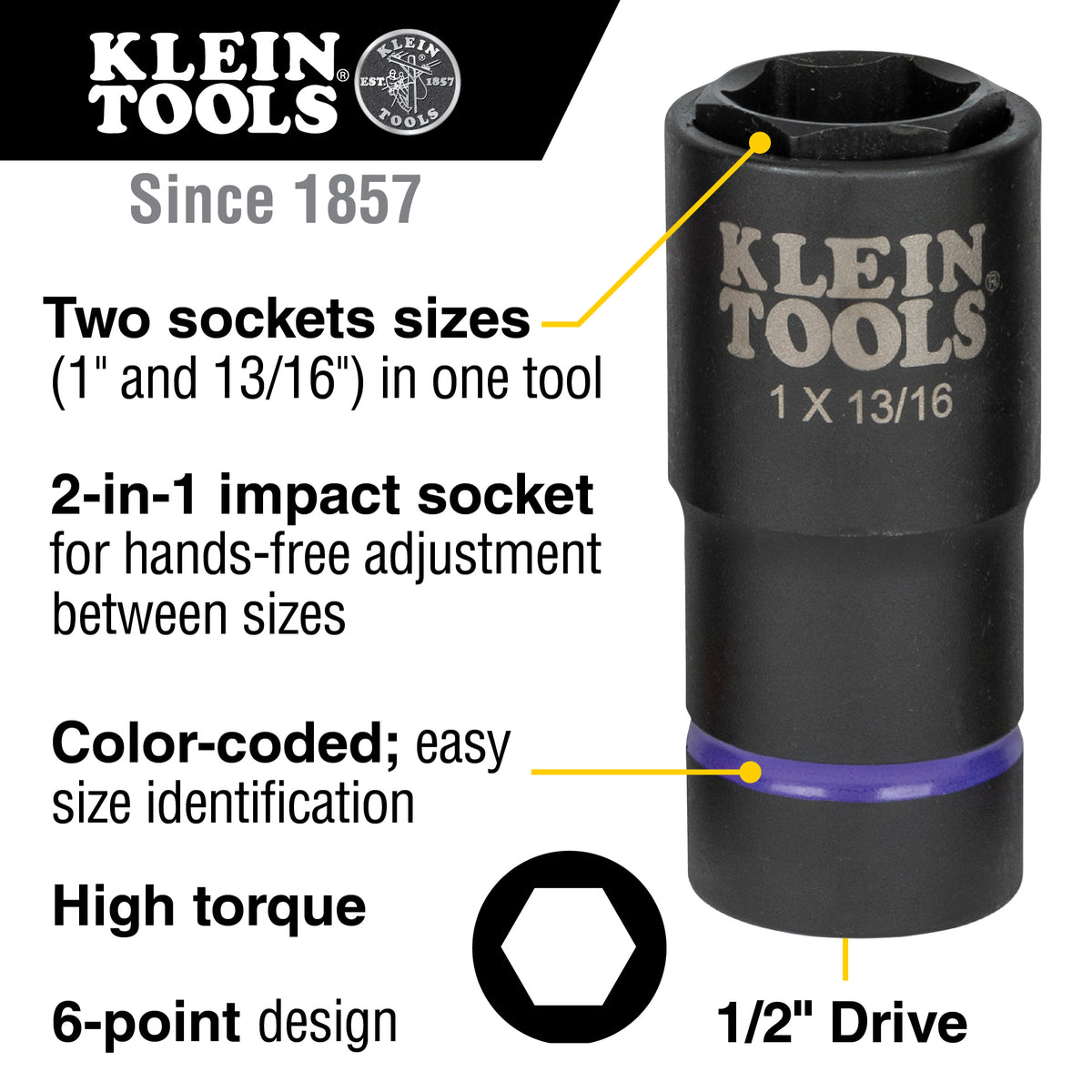 Klein 66065 impact socket with two coaxial spring-loaded hex sizes