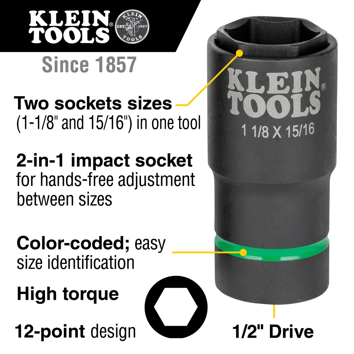 Klein 66066 impact socket with two coaxial spring-loaded hex sizes