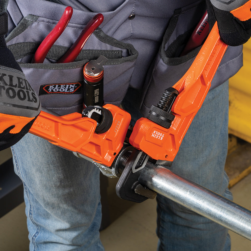Klein 14-in. cast iron pipe wrench on a plumbing joint