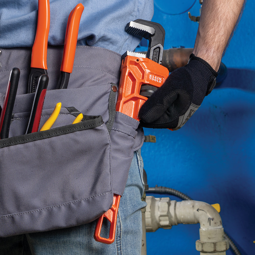 Klein 14-in. cast iron pipe wrench in use on threaded pipe