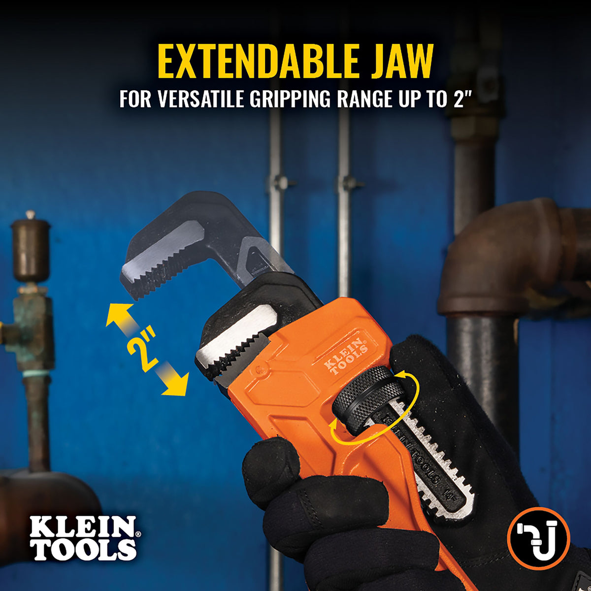 Klein 14-in. cast iron pipe wrench jaw feature detail