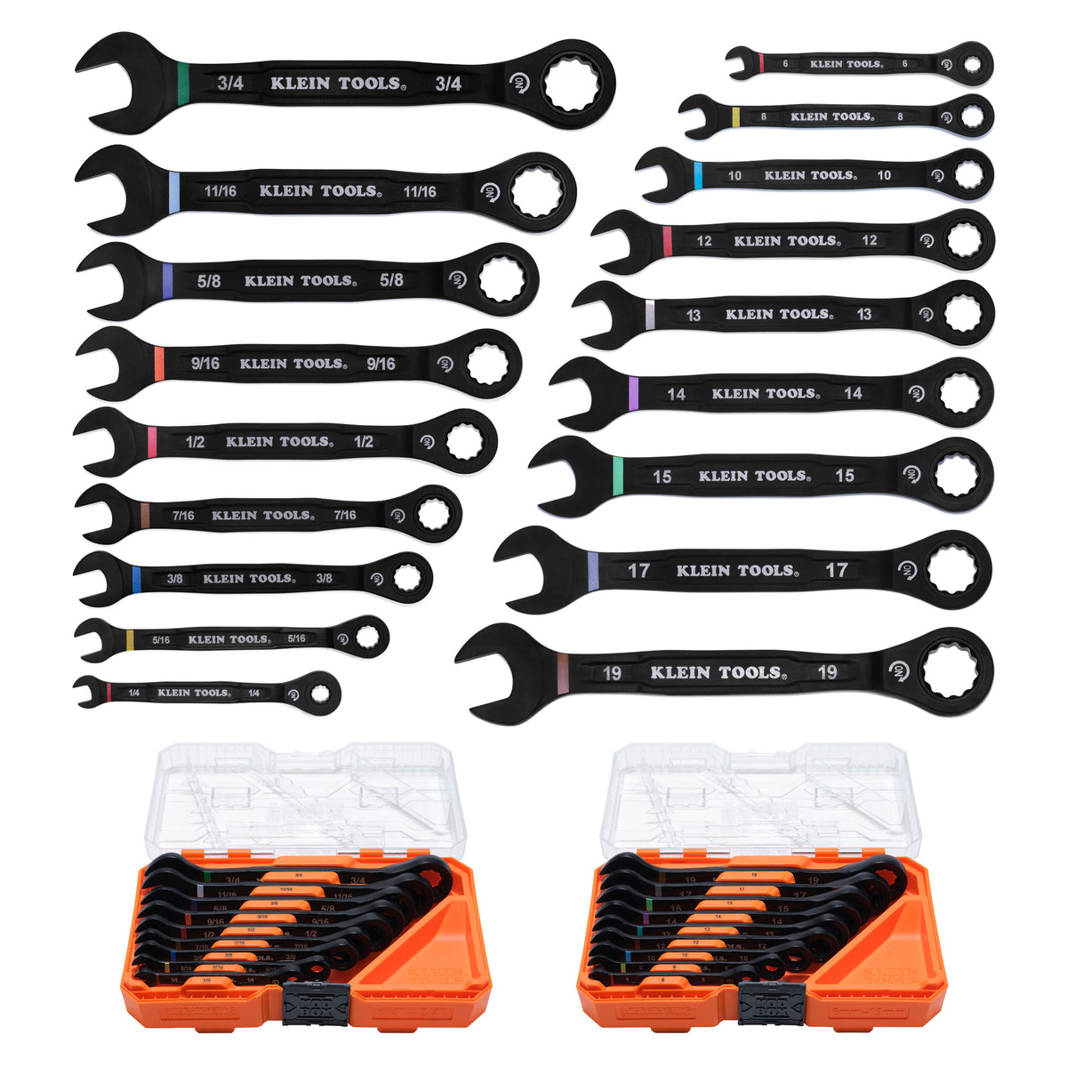 Klein Tools 69418CG 18-piece SAE and metric ratcheting combination wrench set in MODbox cases