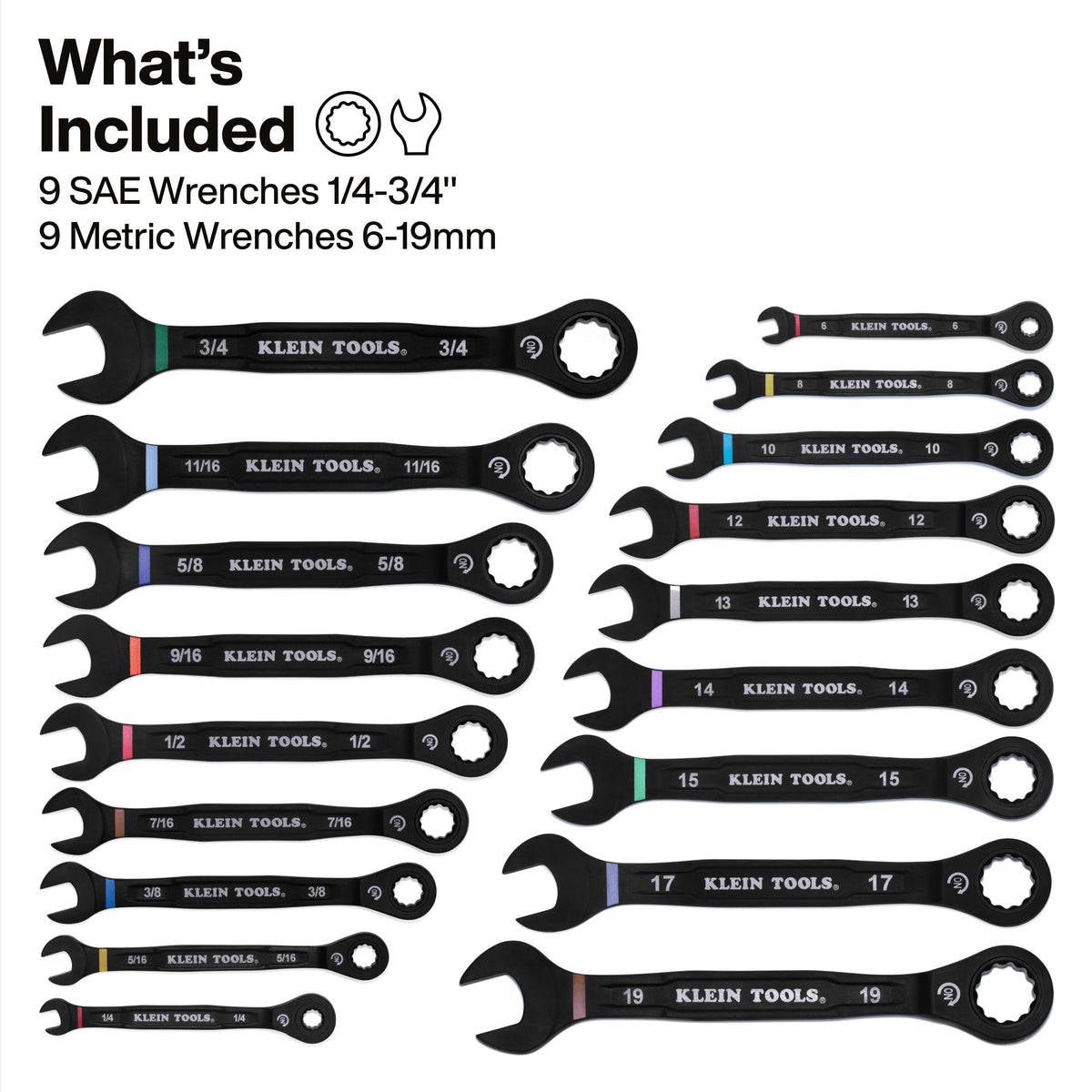 Klein Tools 69418CG ratcheting wrenches SAE 1/4 to 3/4-inch and metric 6 to 19 mm