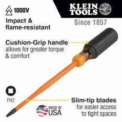 Klein Tools 6946INS Slim-Tip 1000V Insulated Screwdriver, #2 Square, 6-Inch Round Shank