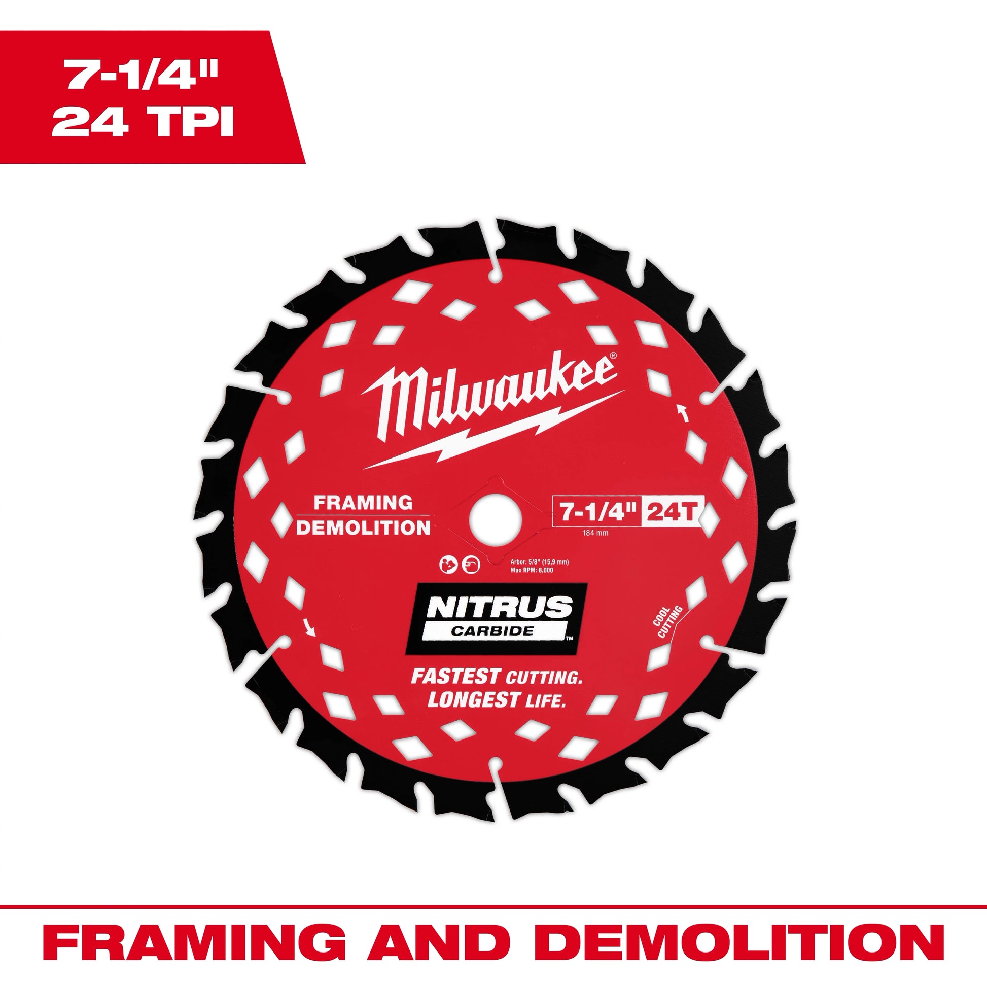 Milwaukee 48-41-0750 7-1/4-inch 24-tooth NITRUS Carbide framing and demolition circular saw blade, product view