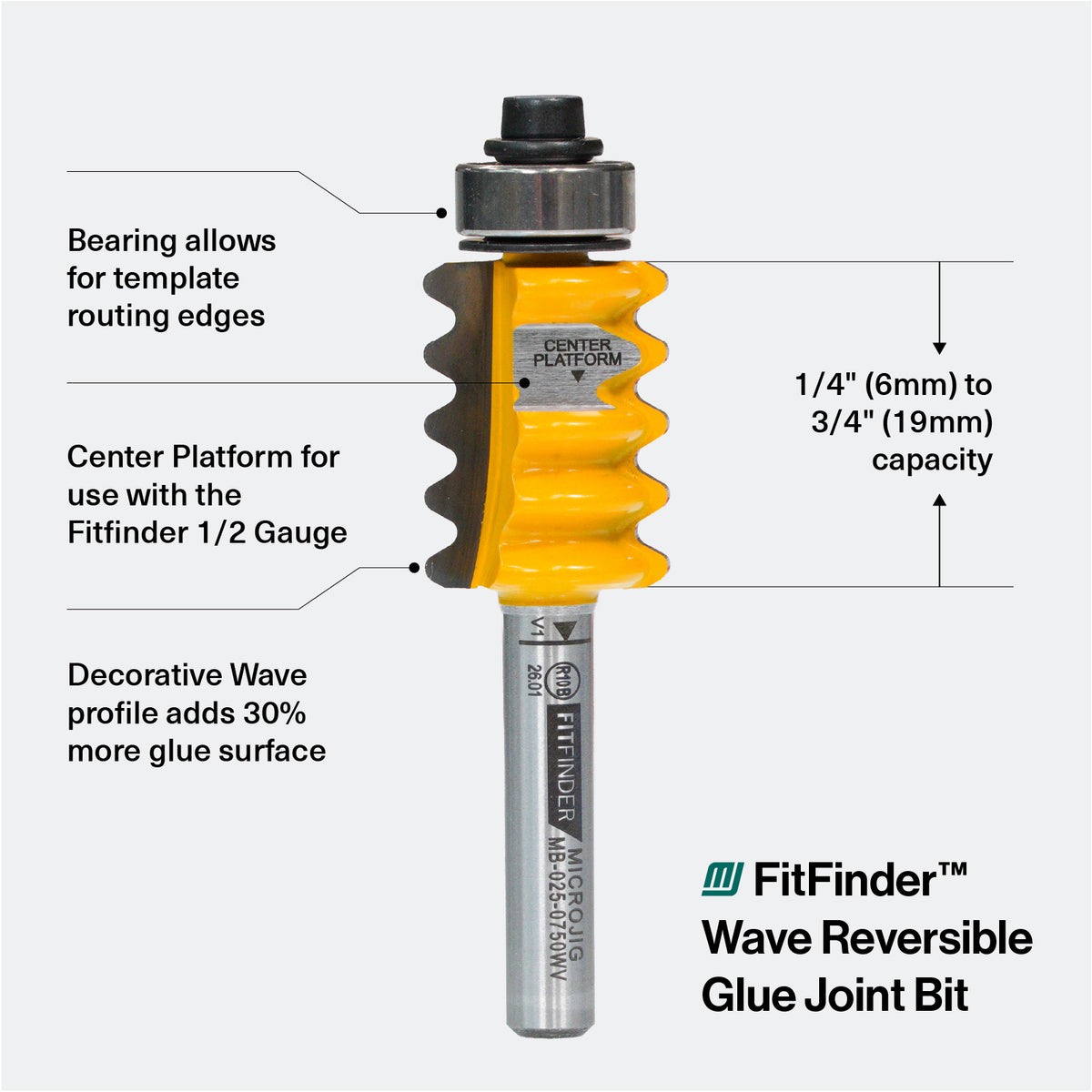 Micro Jig FITFINDER 3/4-in. Wave Reversible Glue Joint Router Bit, 1/4-in. Shank - image 5