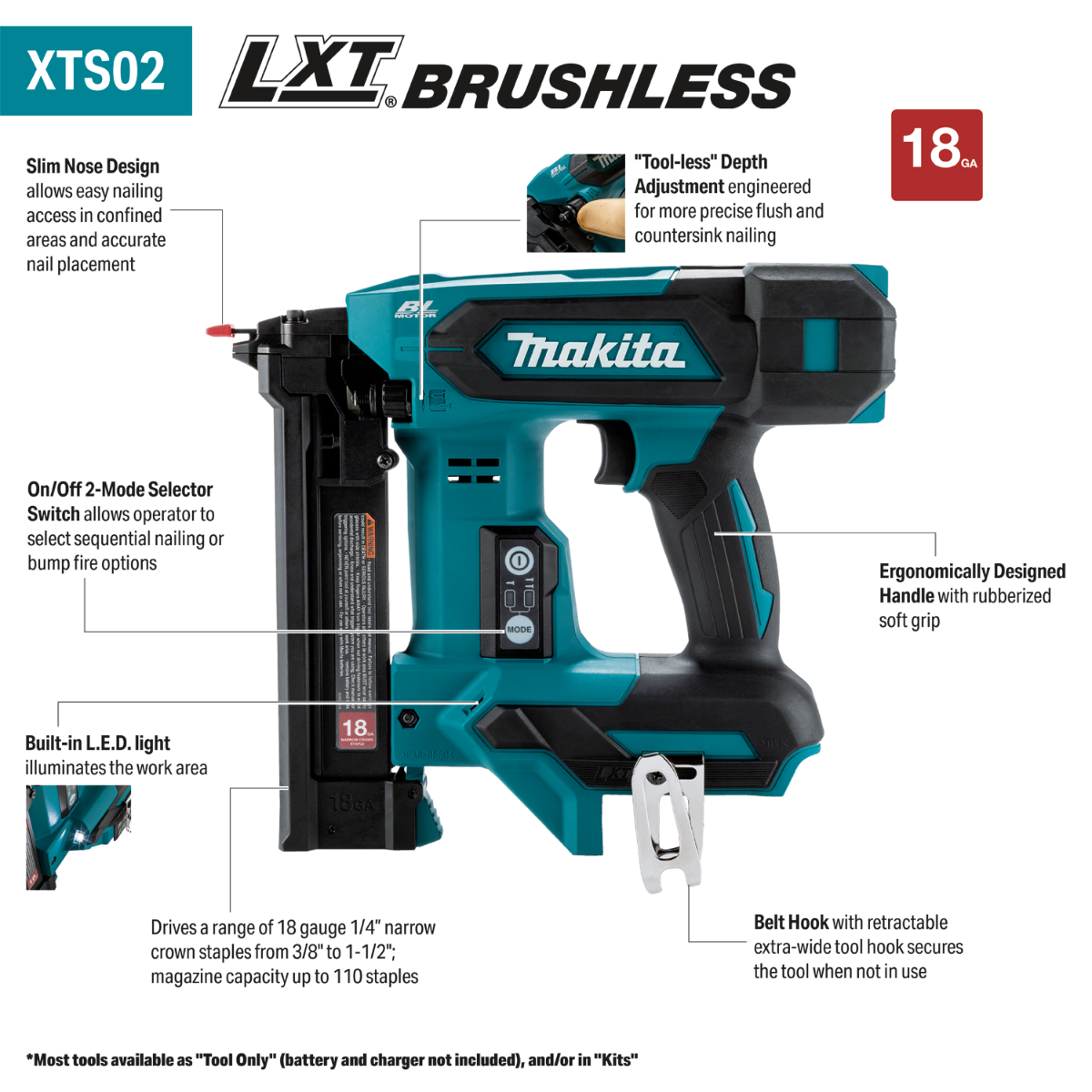 Makita XTS02Z 18V LXT Brushless Cordless 1/4-in. Narrow Crown 18-Gauge Stapler, Tool Only