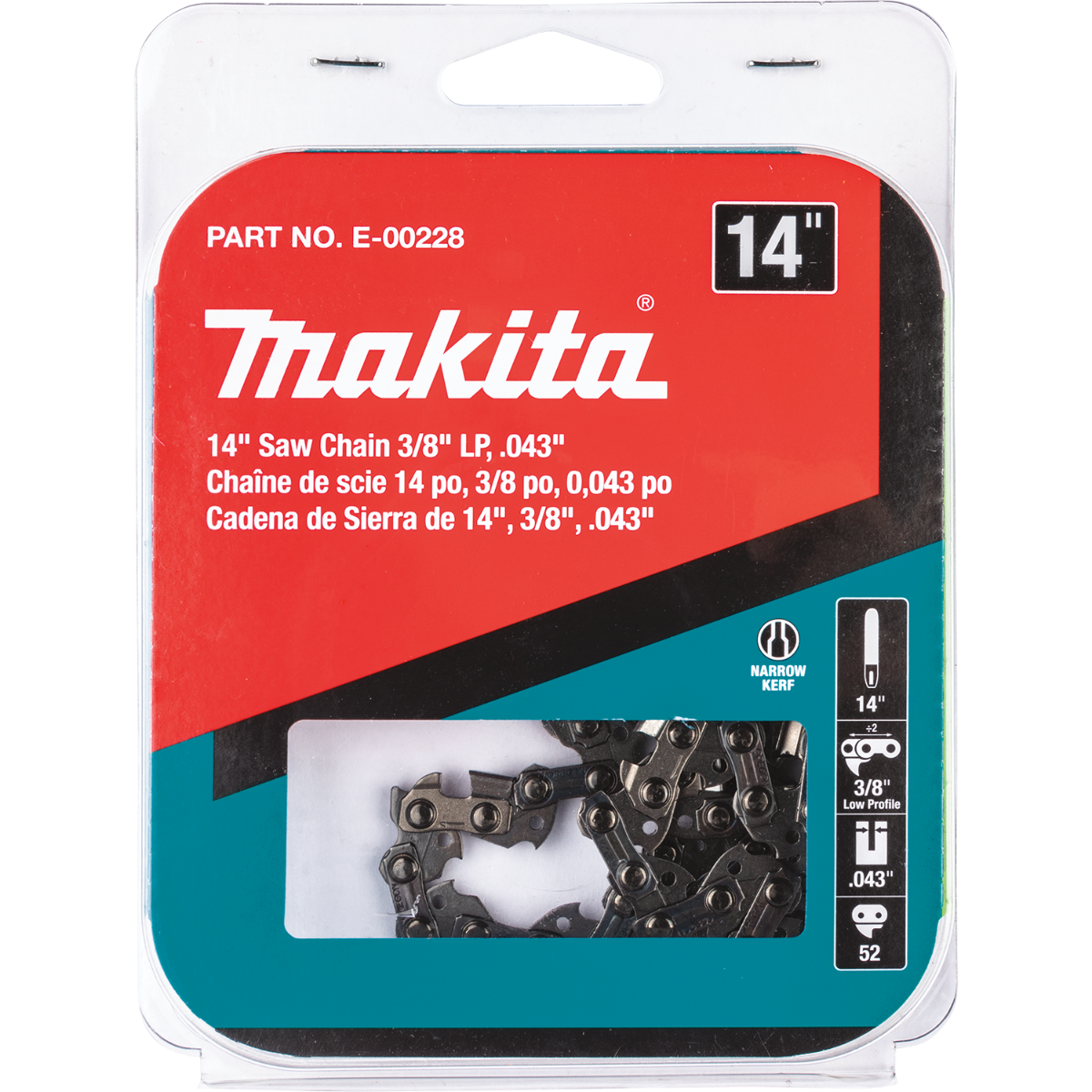 Makita E-00228 14" Saw Chain, 3/8" LP, .043", 52, Low Kickback