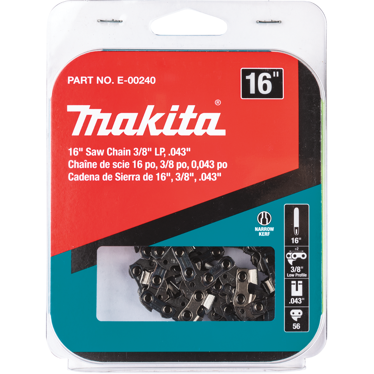 Makita E-00240 16" Saw Chain, 3/8" LP, .043", 56, Low Kickback
