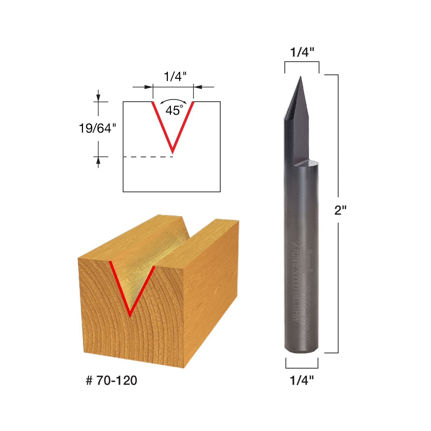 Freud 70-115 Engraving 45-Degree x 1/4-in. x 19/64-in. V-Groove Router Bit
