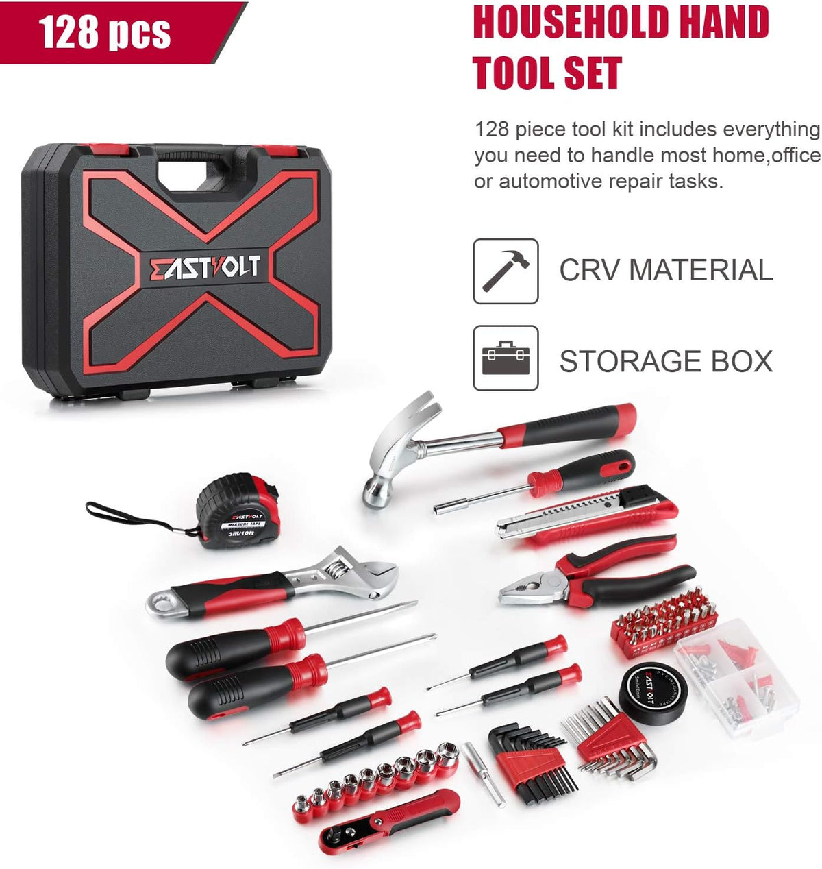 Eastvolt EVHT12801 128-piece home repair tool set full contents