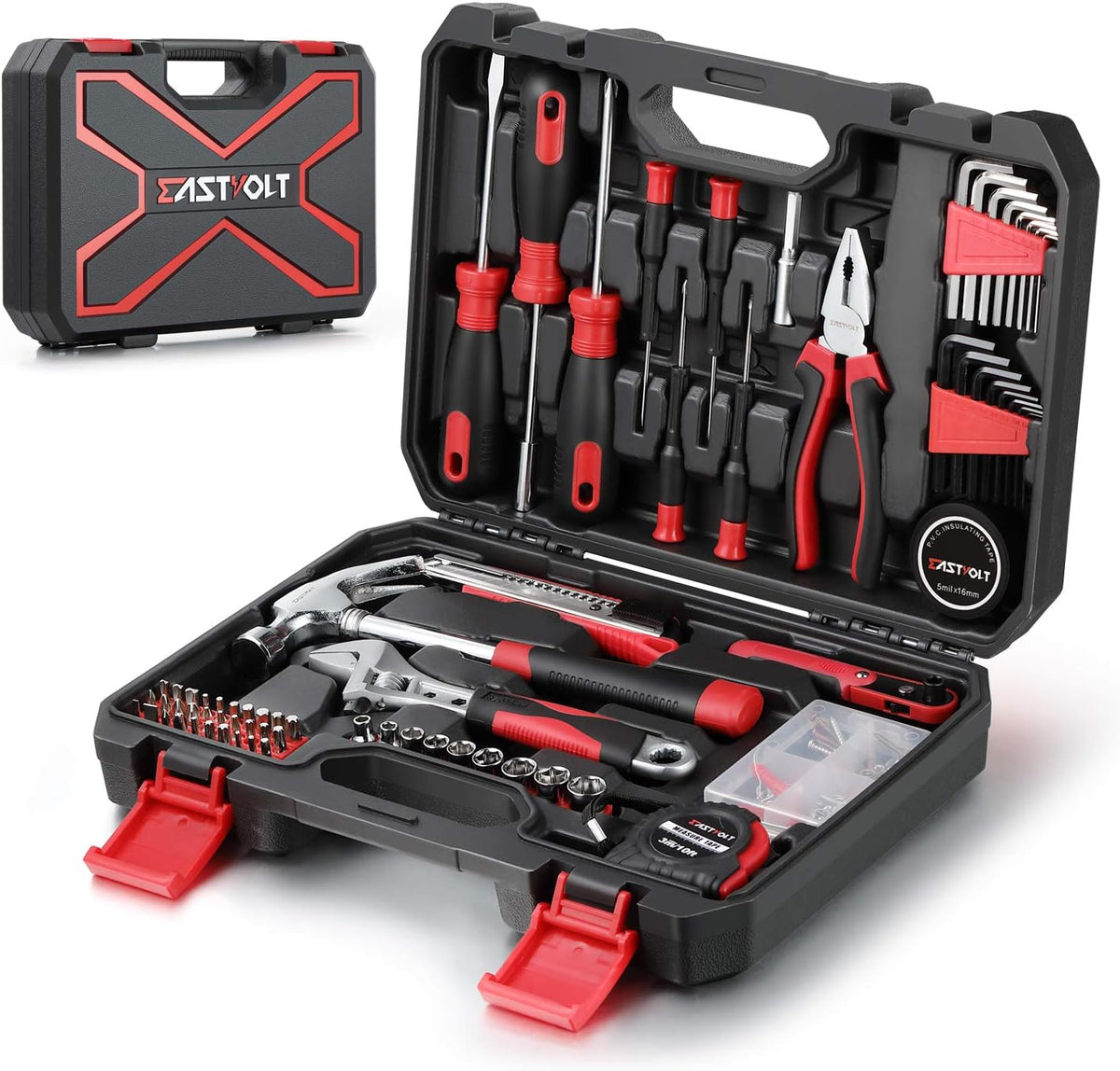 Eastvolt EVHT12801 128-piece home repair tool set in black and red storage case