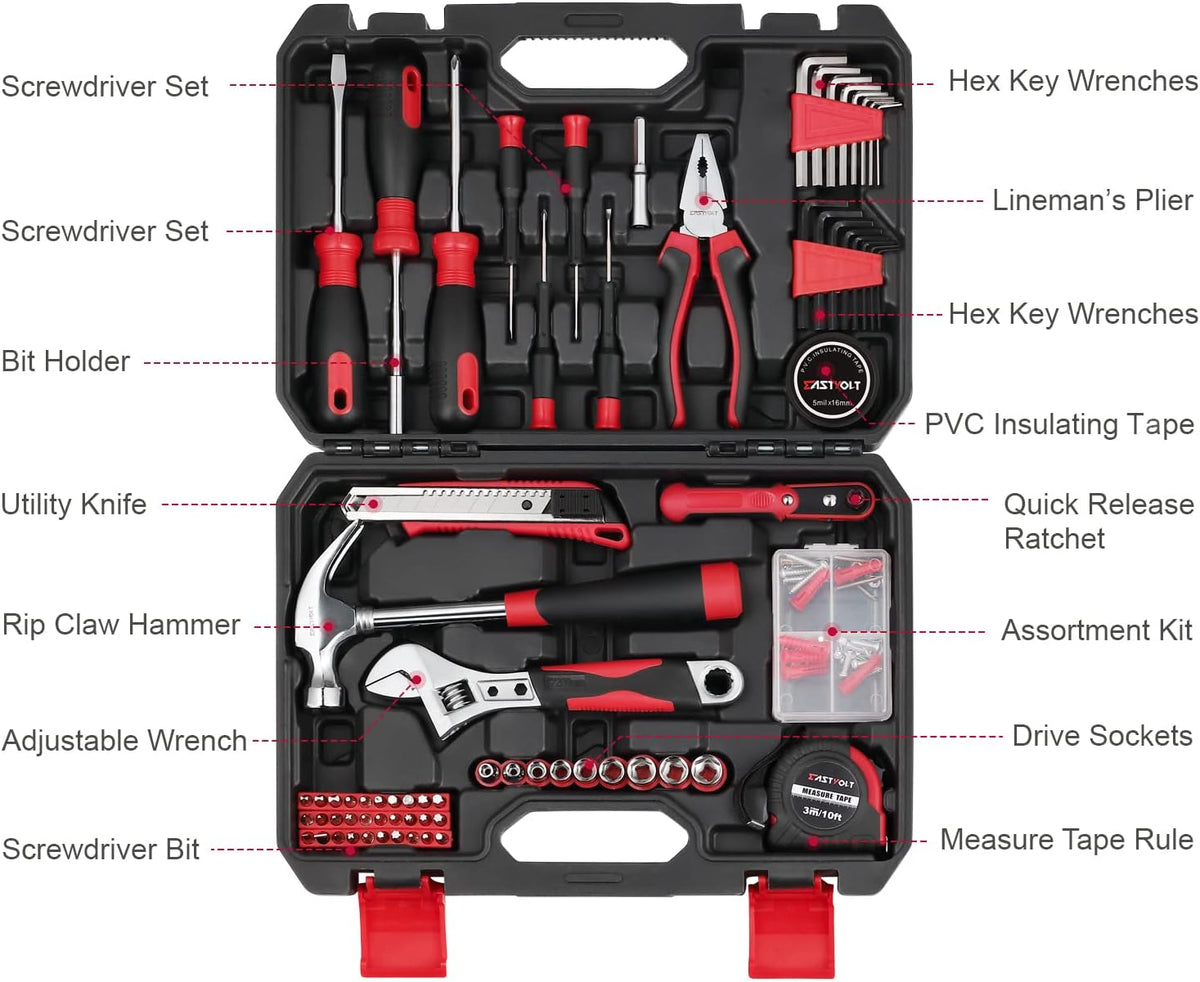 Eastvolt EVHT12801 128-piece home repair tool set case and tool layout