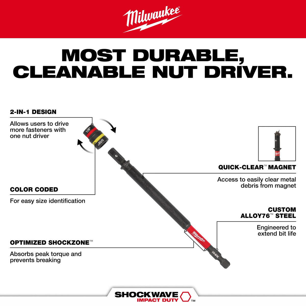 Milwaukee 49-66-4745 SHOCKWAVE Impact Duty 1/4-in. and 5/16-in. x 6-in. QUIK-CLEAR 2-in-1 Magnetic Nut Driver