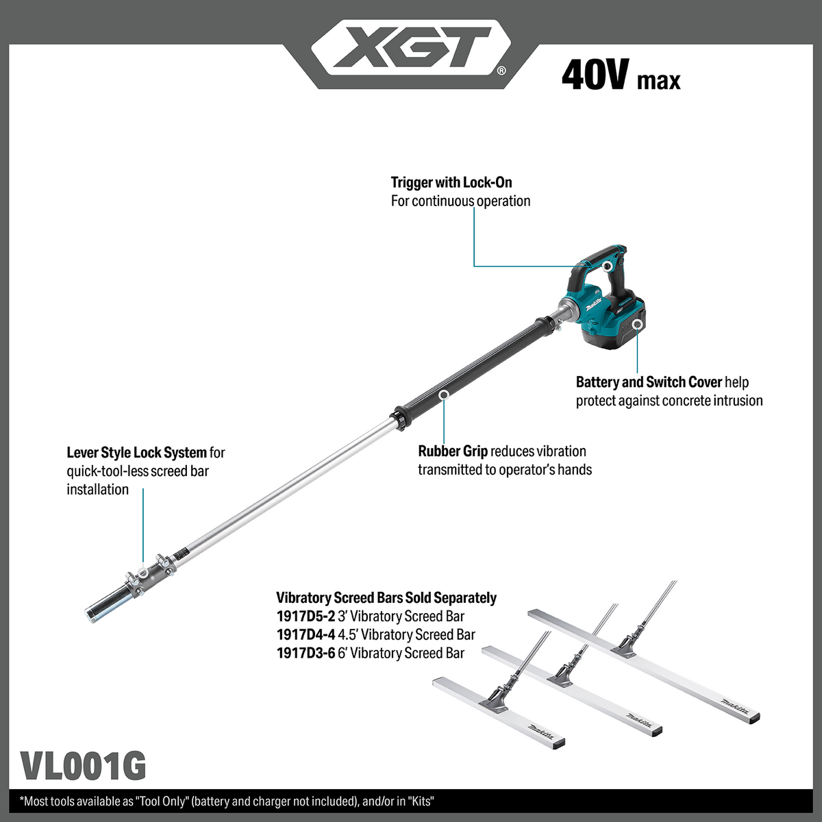 Makita 40V max XGT Brushless Vibratory Screed Power Head (VL001GZ) - features and dimensions callout 33