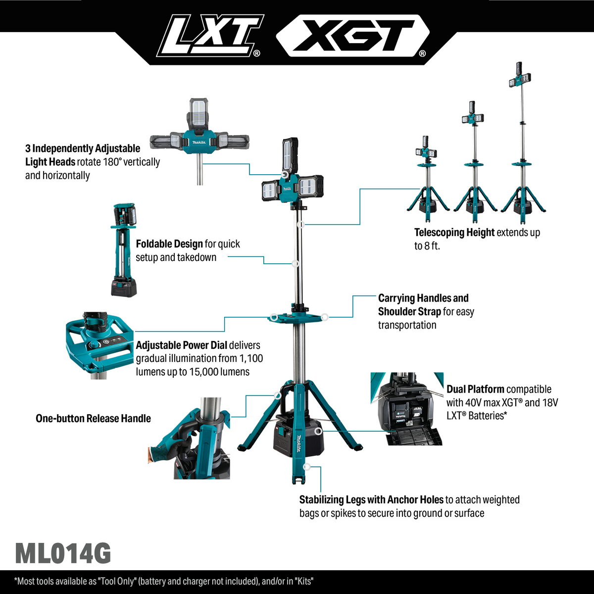 Makita 40V max XGT / 18V LXT 15,000-Lumen Cordless Tower Work Light, Tool Only feature overview (ML014G)