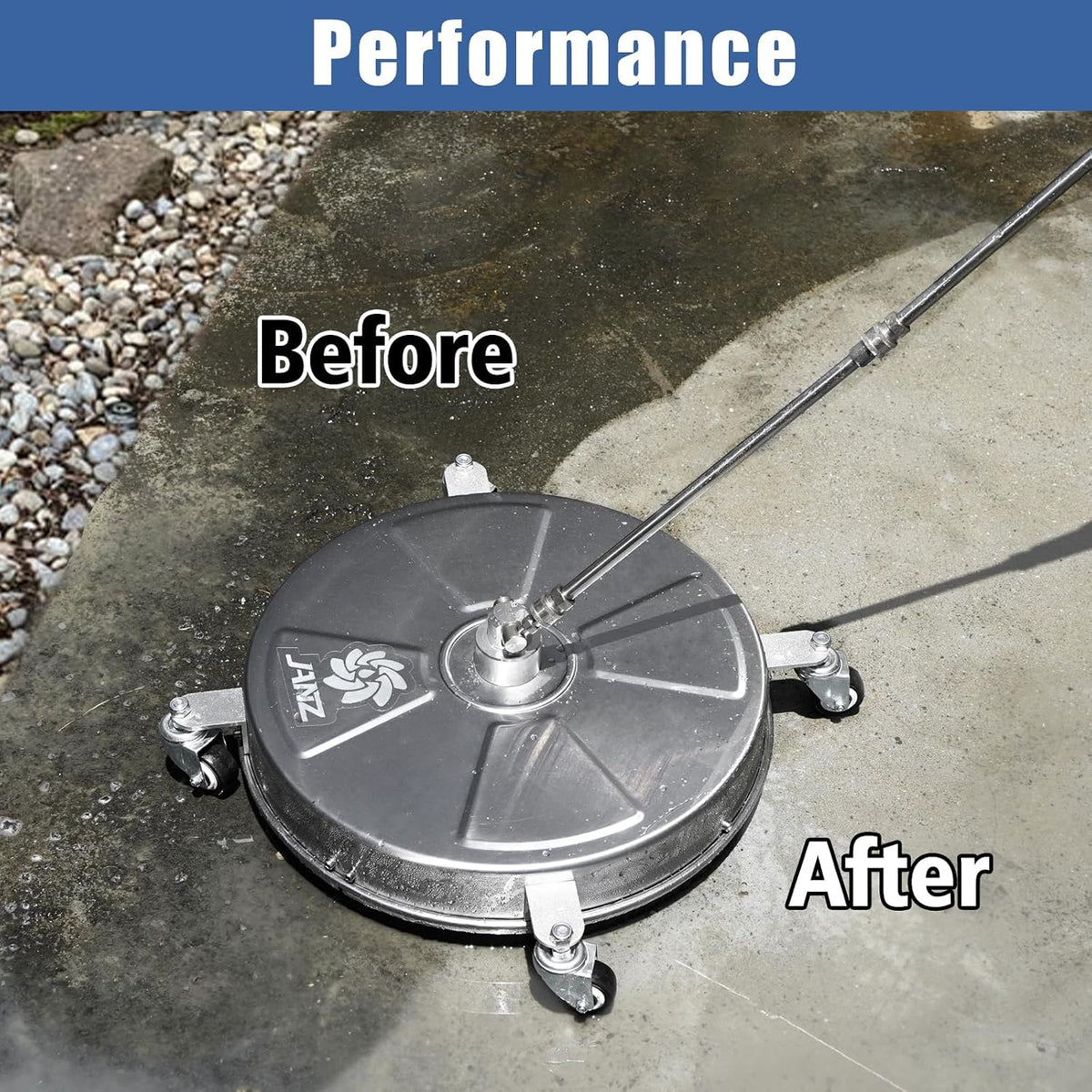 Janz 18-inch pressure washer surface cleaner with wheels before and after on concrete