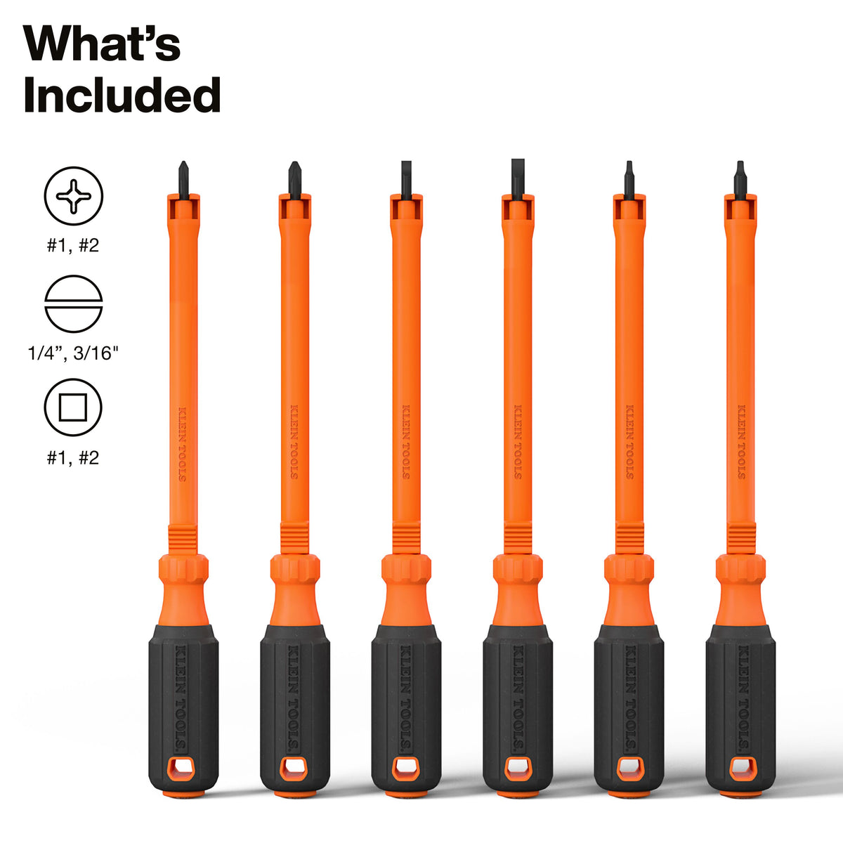 Klein Tools 85156KINS insulated screwdriver set Phillips #1 and #2, square #1 and #2, and 3/16" and 1/4" slotted tips