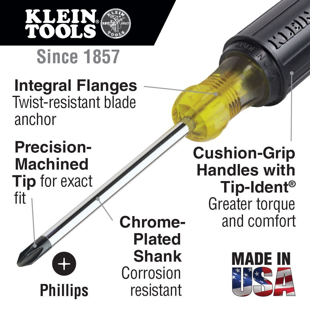 Klein Tools 85742 Screwdriver Set, 3/16 Cabinet and #2 Phillips, Cushion-Grip, 2-Piece