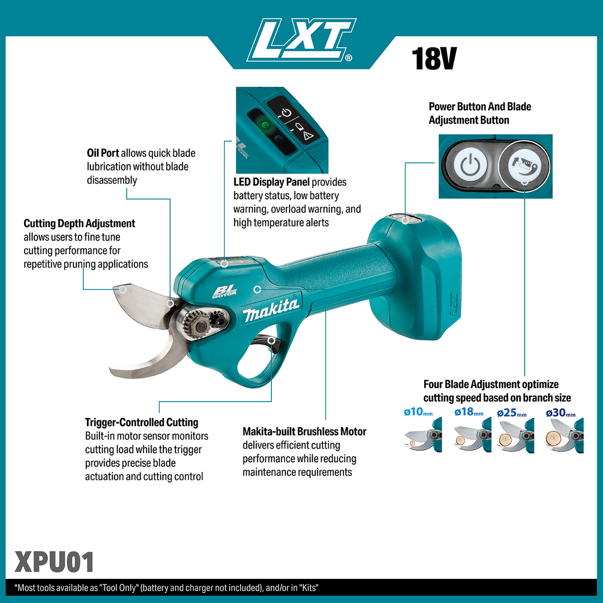 Makita 18V LXT Brushless 1-3/16-in. Cordless Pruning Shear, Tool Only feature overview (XPU01Z)