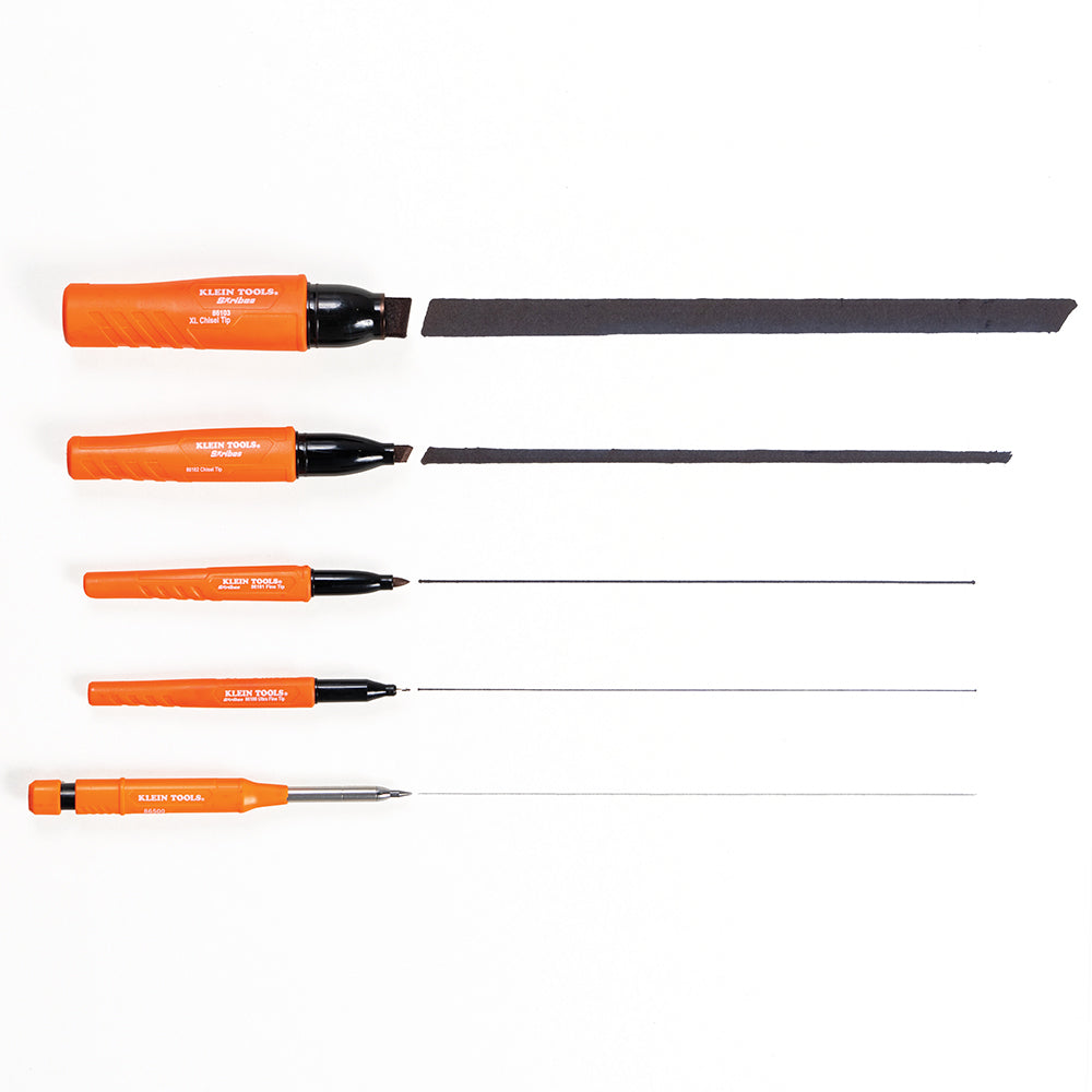 Klein Skribes black chisel-tip marker clipped to a hard hat