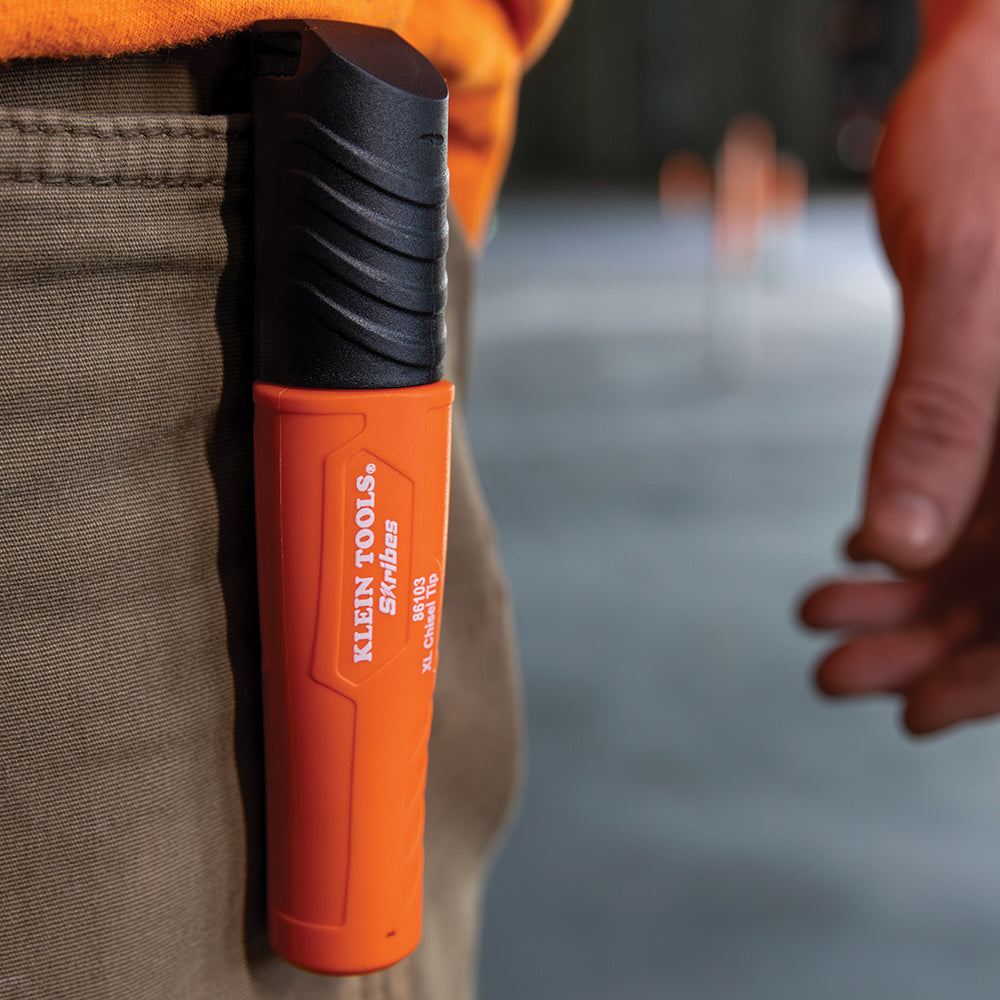 Klein Skribes XL chisel-tip marker marking a jobsite surface