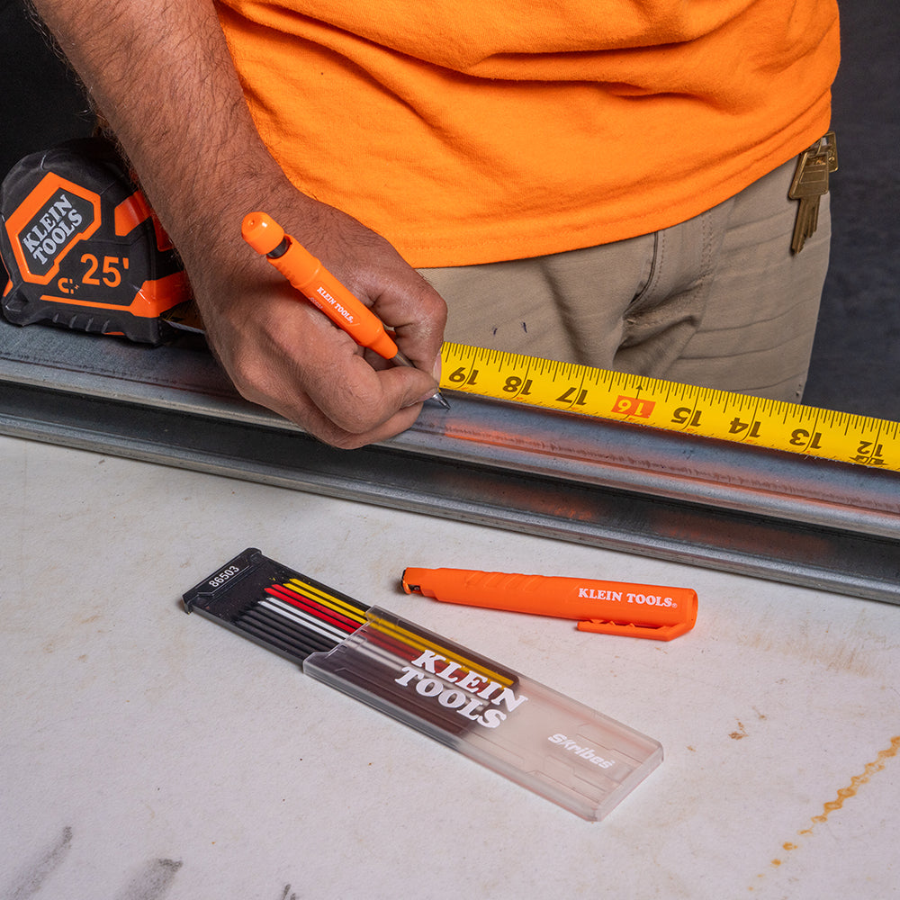Klein Tools Skribes mechanical marking tool marking OSB on the jobsite