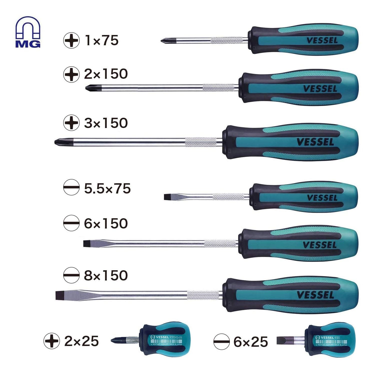 Vessel Megadora screwdrivers with magnetic tip icon, #1 x 75mm and #2 x 150mm Phillips shown