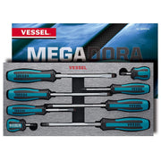 Vessel 9008EVA Megadora JAWSFIT 8-piece screwdriver set laid out in tray with retail box