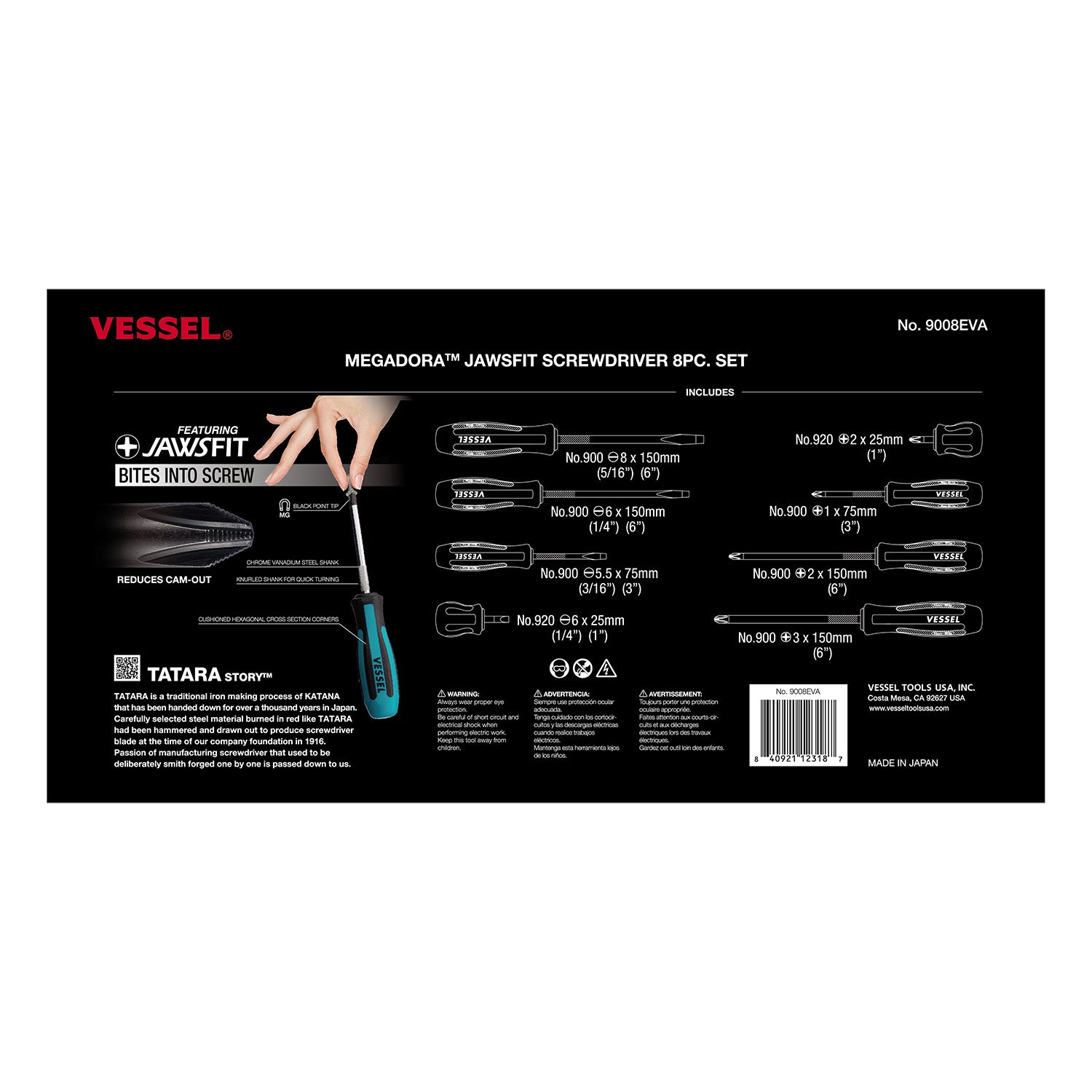 Back of Vessel Megadora JAWSFIT 9008EVA packaging listing JAWSFIT features and all 8 driver sizes