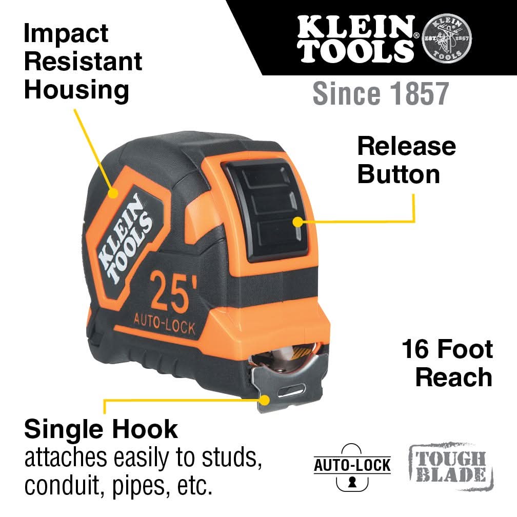 Klein Tools 9125AL Single-Hook Auto-Lock Tape Measure, 25 ft.