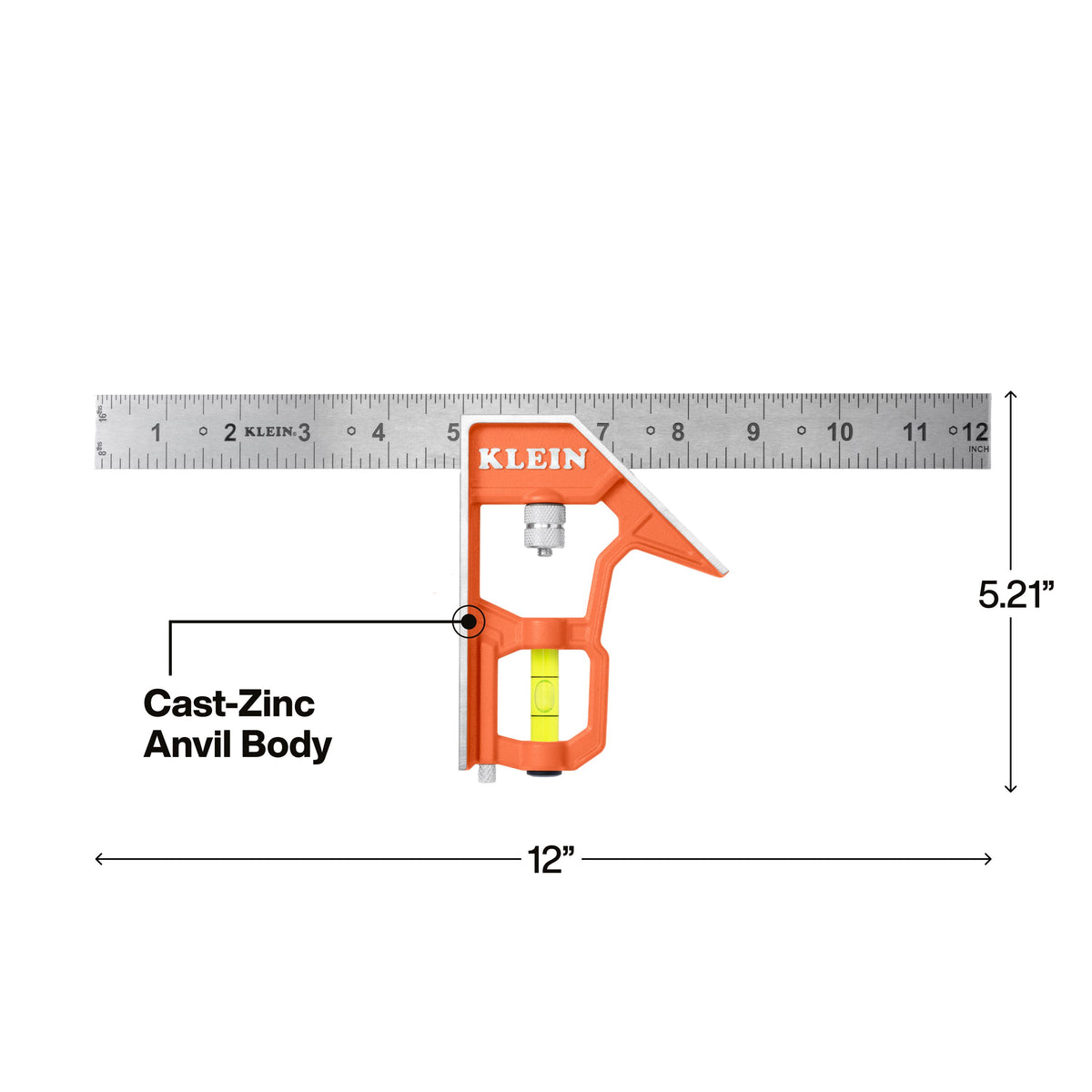 Klein Tools 93512CS combination square cast-zinc anvil body with orange finish