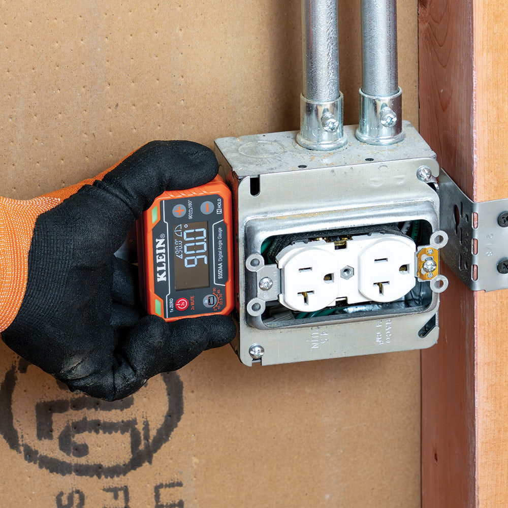 Klein digital angle gauge on a metal surface