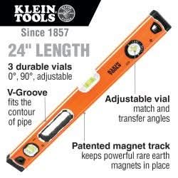 Klein Tools 935L Bubble Level, 3 Vial, 24-Inch