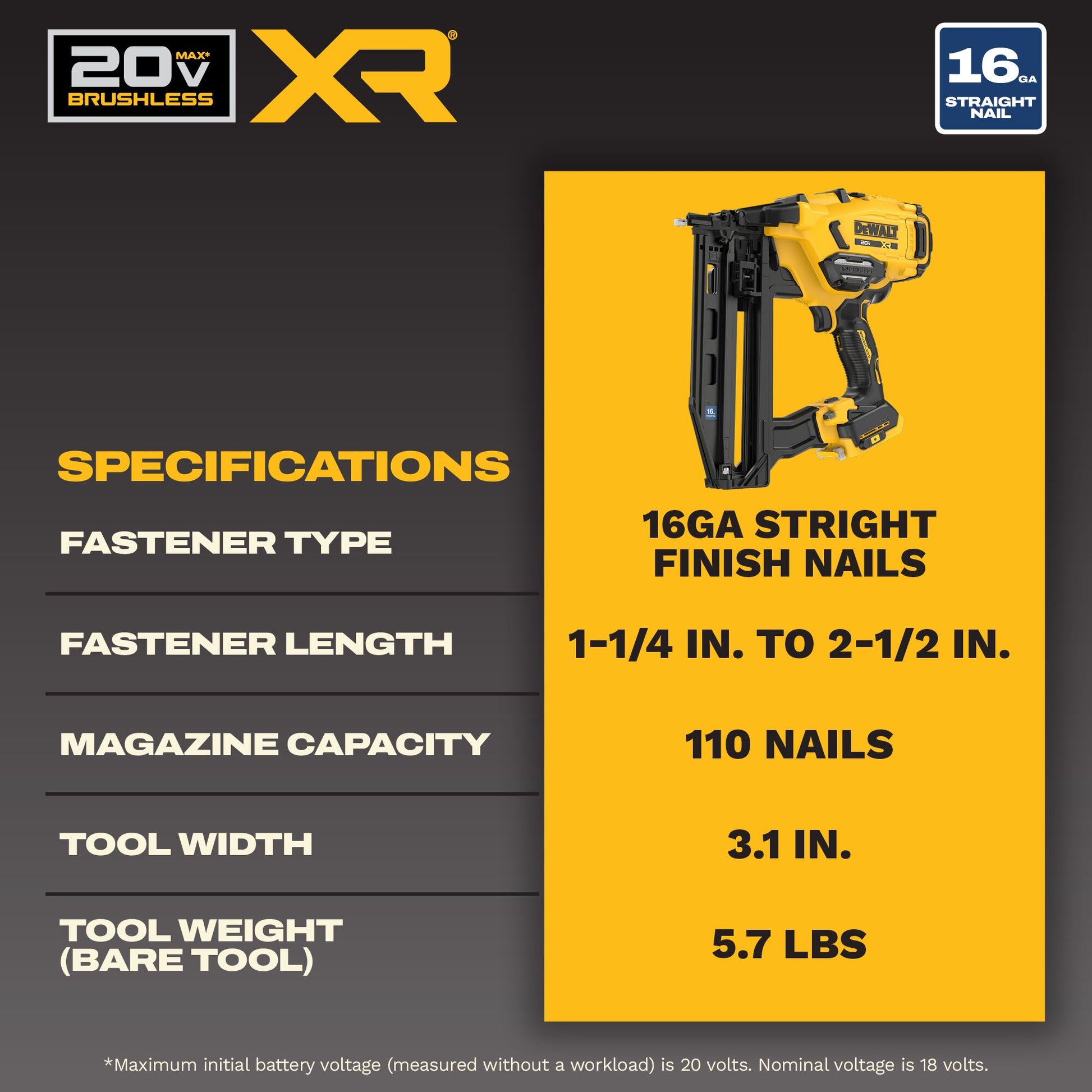 DEWALT 20V MAX* XR Cordless 16GA Straight Finish Nailer (Tool Only)