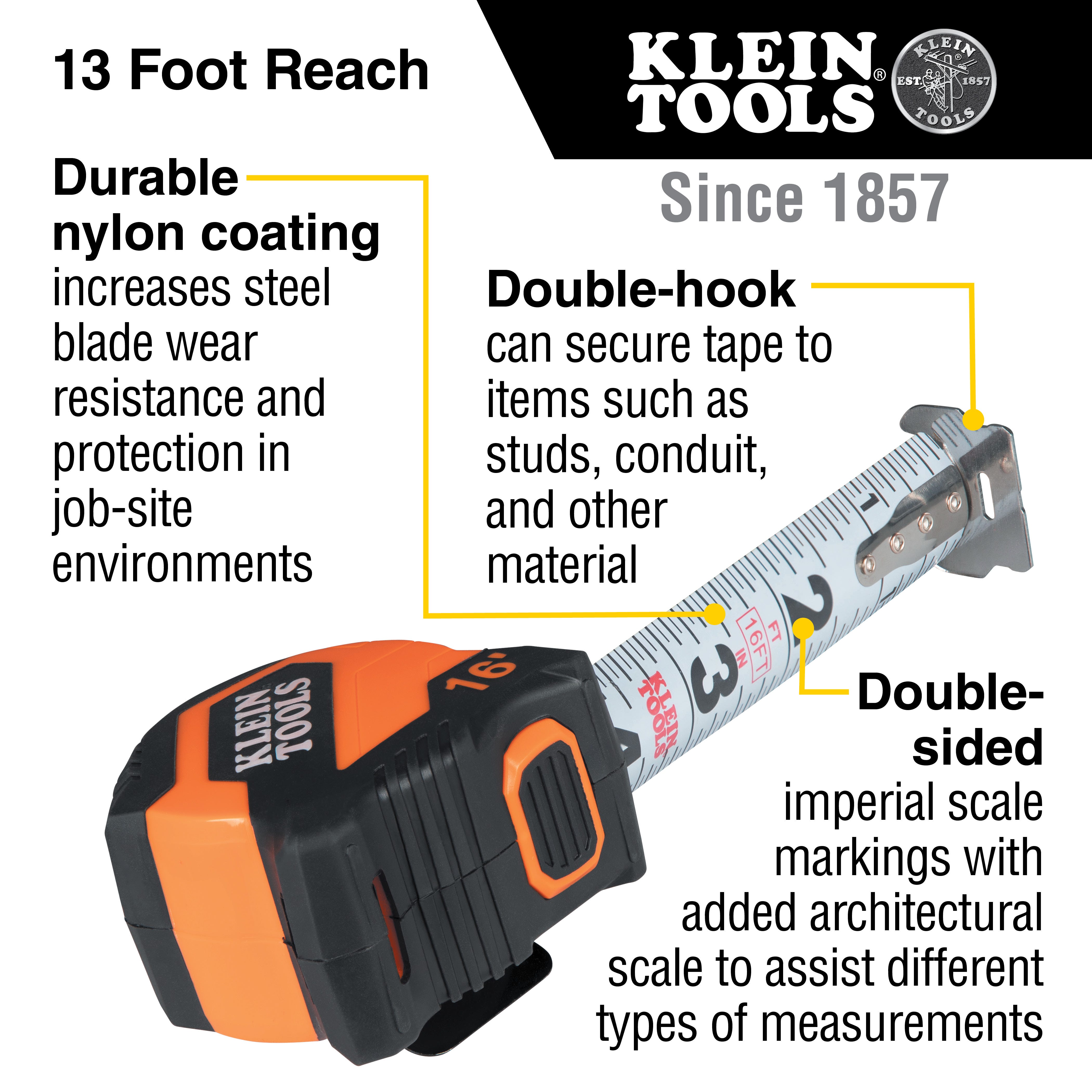 Klein Tools 9516 Tape Measure, 16-Foot Compact, Double-Hook