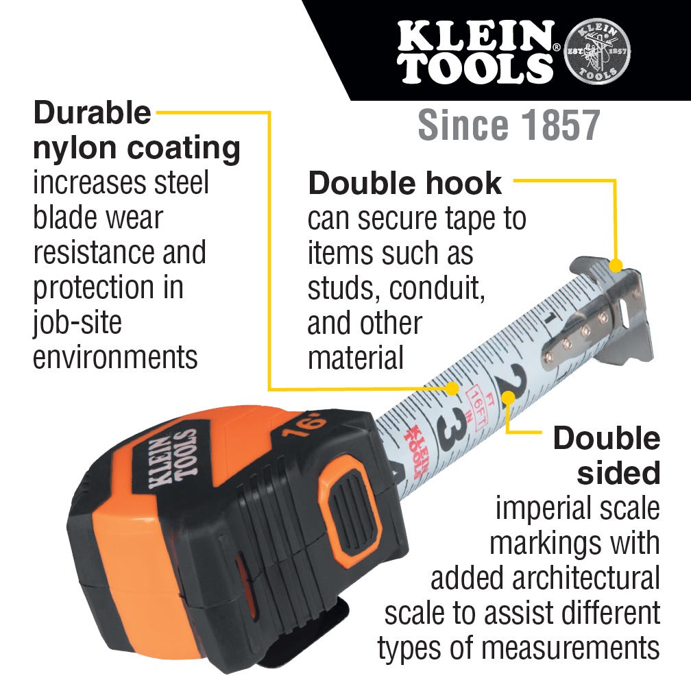 Klein Tools 9516 Tape Measure, 16-Foot Compact, Double-Hook