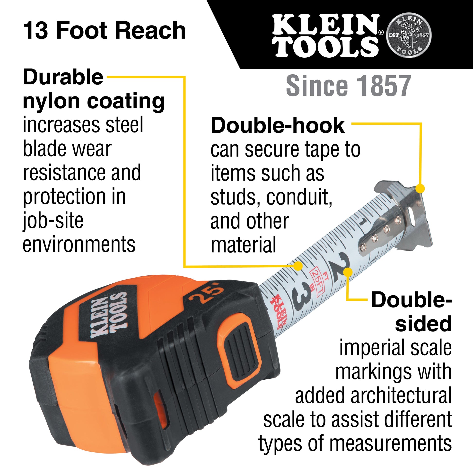 Klein Tools 9525 Tape Measure, 25-Foot Compact, Double-Hook