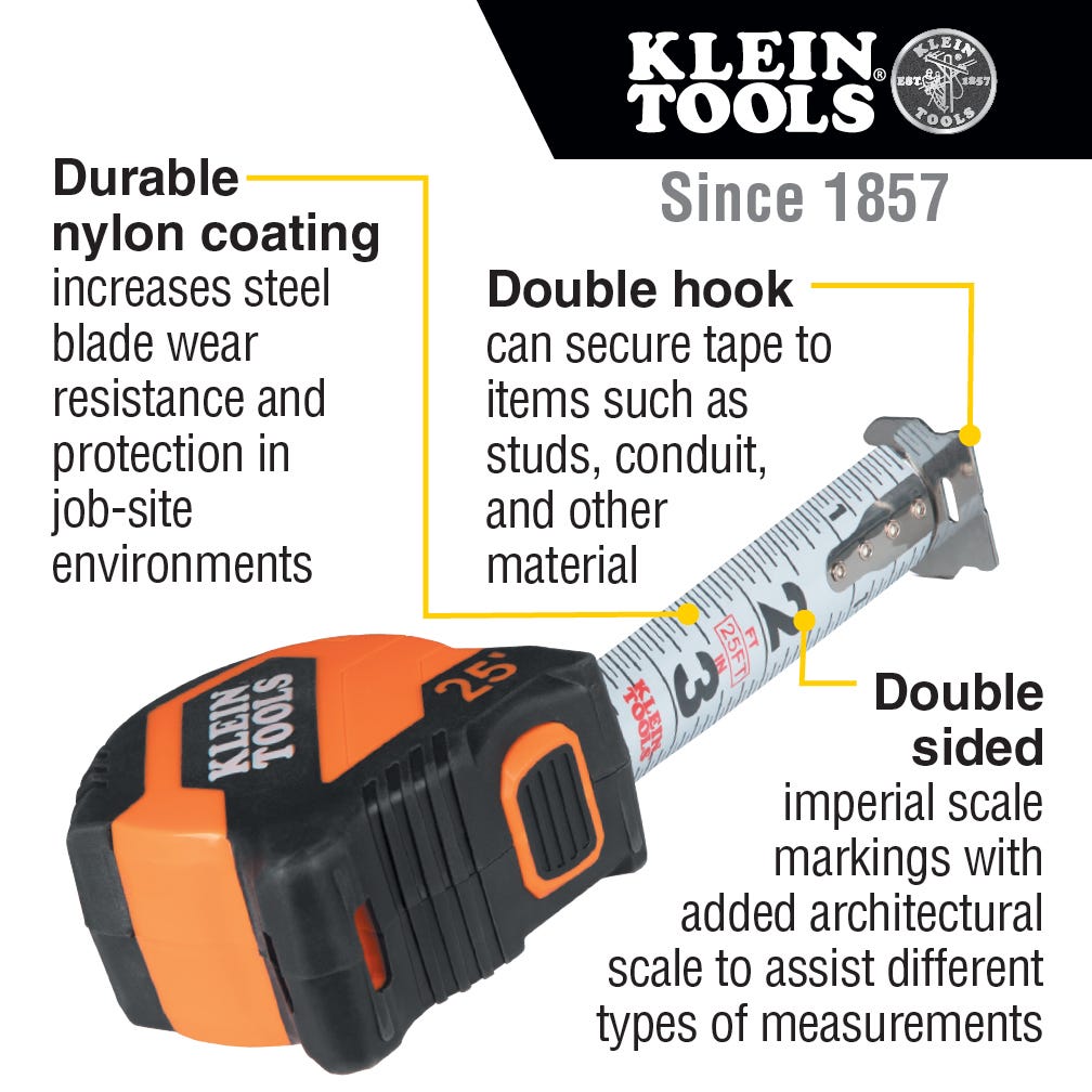 Klein Tools 9525 Tape Measure, 25-Foot Compact, Double-Hook