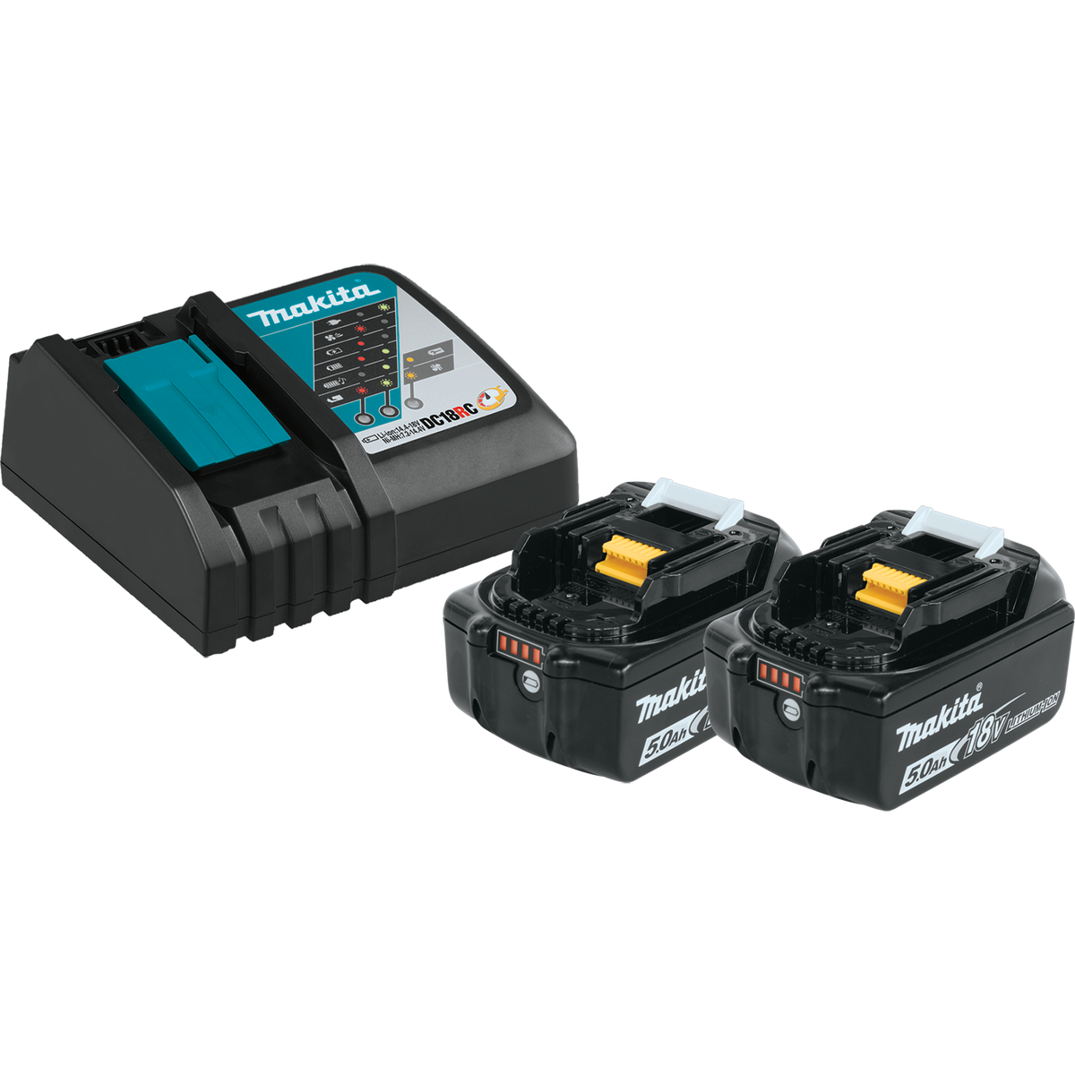 Makita BL1850BDC2X1 starter pack with two 18V LXT 5.0Ah batteries and DC18RC charger