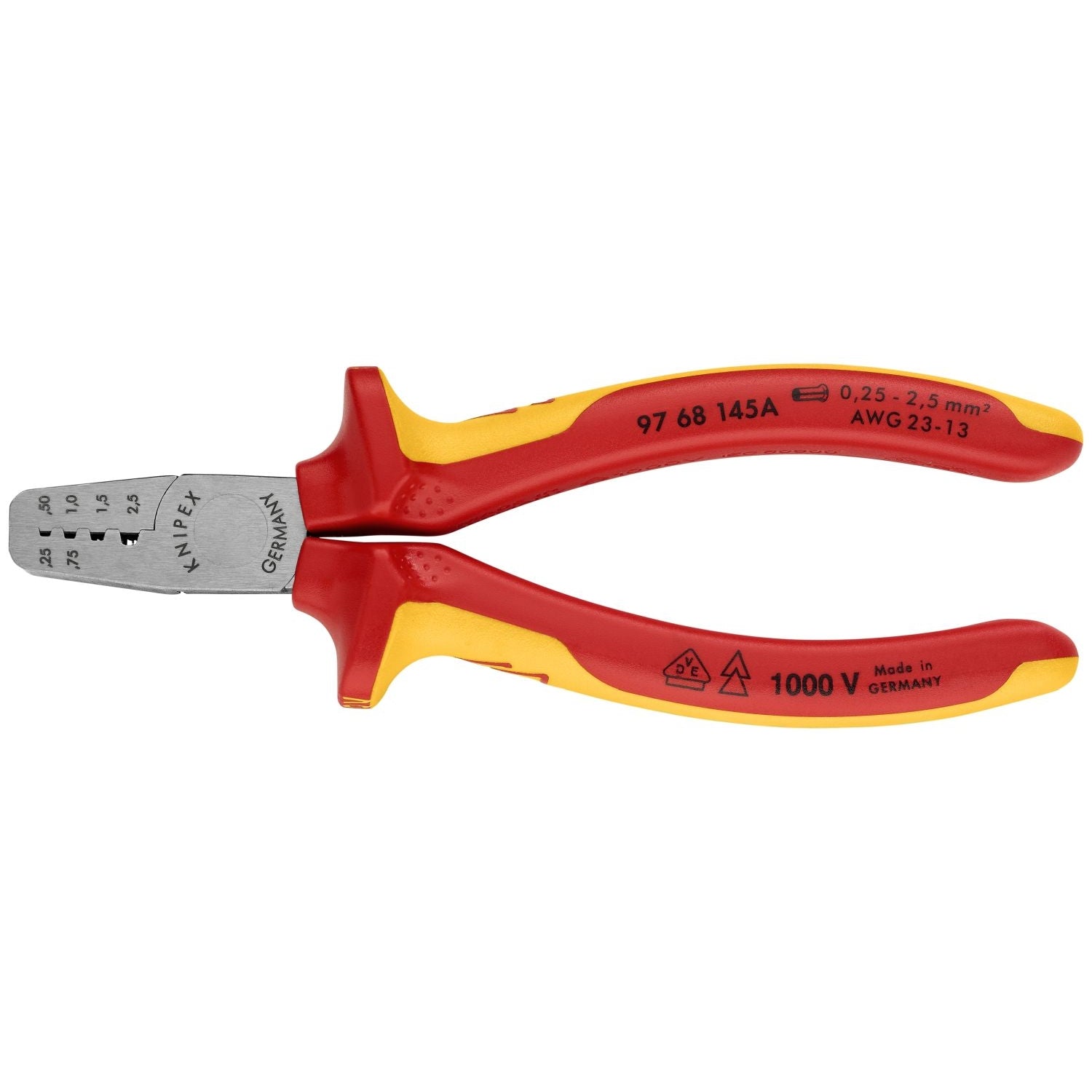 Knipex 97 68 145 A Crimping Pliers for Wire Ferrules-1000V Insulated